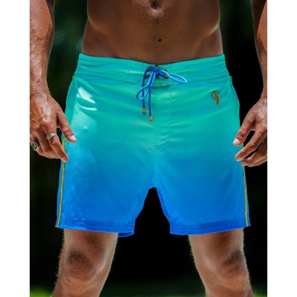 NEW Tucann Faded Ocean Swim Shorts Men Large 5 Inch Inseam Blue Teal Compression